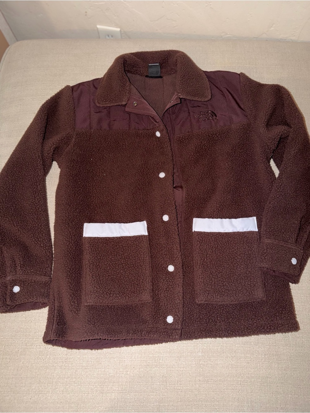 The North Face Brown Sherpa Snap-Front Jacket with White Trim